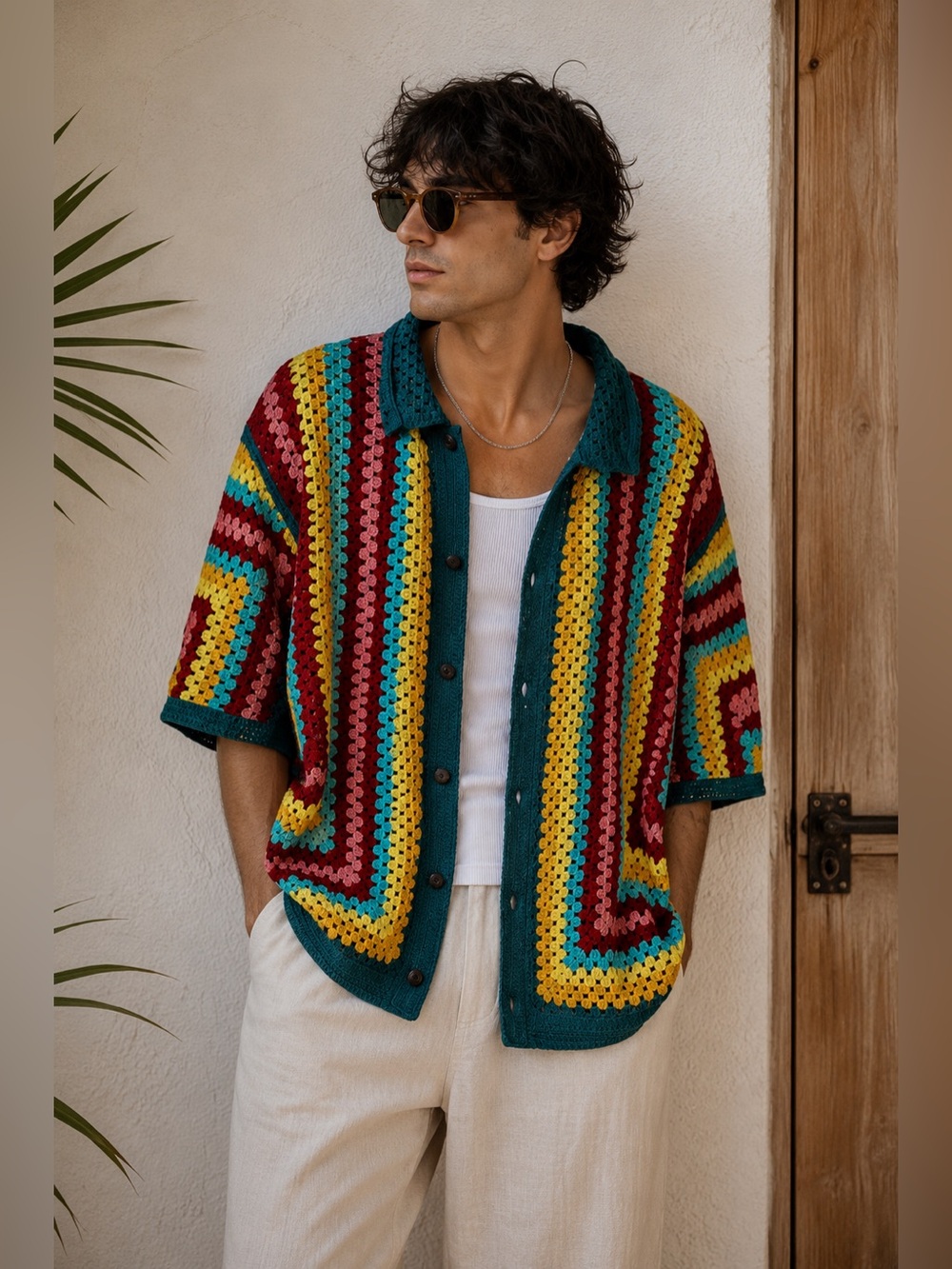 Men’s Crochet Button Front Cardigan Large Colorblock Festival Sweater